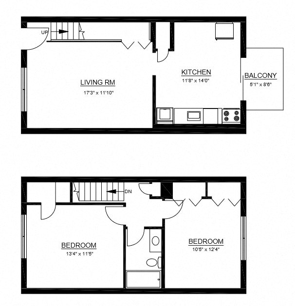 Floor plan for 2 beds, 1 bath, 1033 sqft
